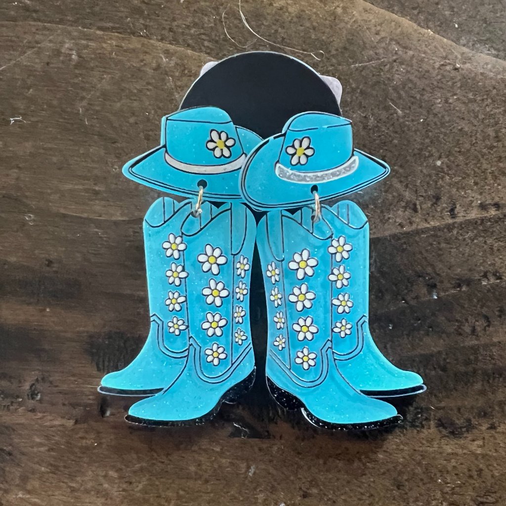 Viola - Acrylic Blue Boots And Cowboy Hat Earrings